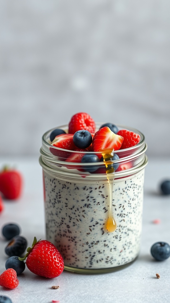 A jar of chia seed pudding topped with strawberries, blueberries, and raspberries.