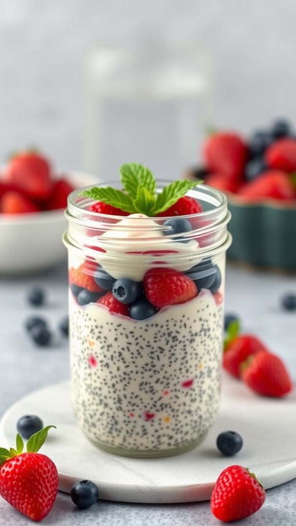 A jar of chia seed pudding topped with fresh raspberries and blueberries, with strawberries in the background.