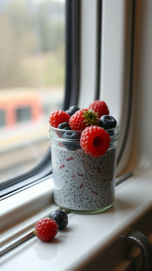 Chia seed pudding with raspberries and blueberries in a jar by a train window