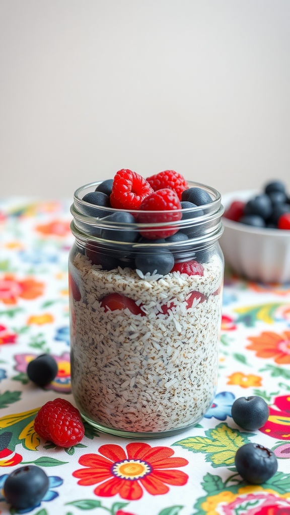 Chia seed pudding in a jar topped with raspberries and blueberries on a colorful floral tablecloth.