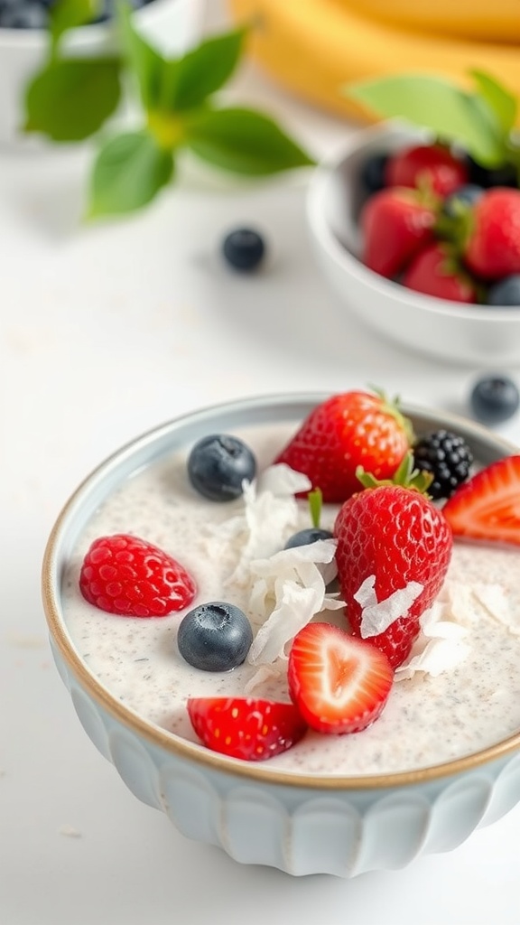 A bowl of chia seed pudding topped with strawberries, blueberries, and coconut flakes.