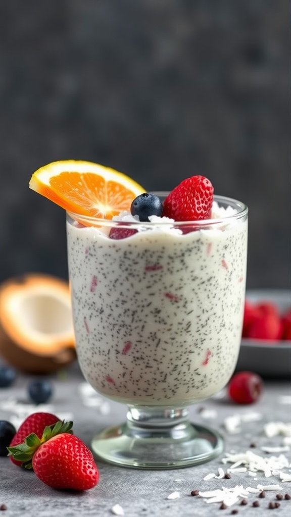 A glass of chia seed pudding topped with berries and an orange slice.