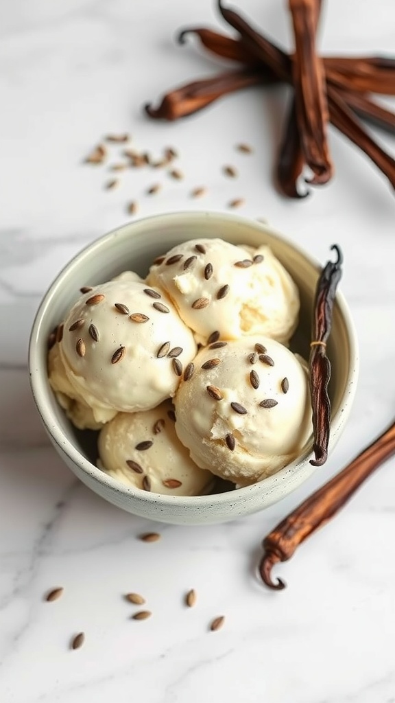 Bowl of vanilla ice cream topped with chia seeds and vanilla pods