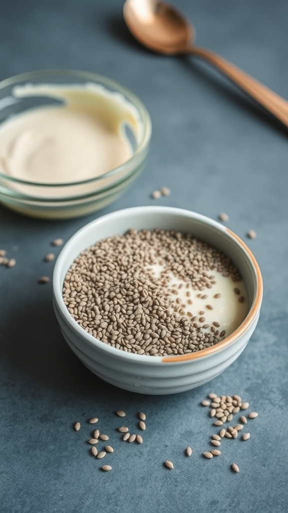 Chia seeds in a bowl with liquid, showcasing their thickening properties.