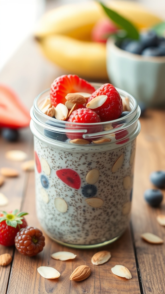 A jar of chia pudding topped with berries and almonds, placed on a wooden table.