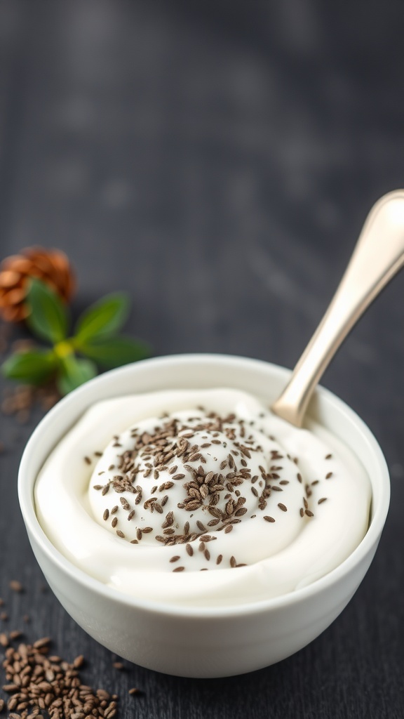 Bowl of yogurt topped with chia seeds.