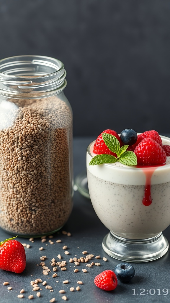 A jar of chia seeds next to a cup of chia pudding topped with berries.