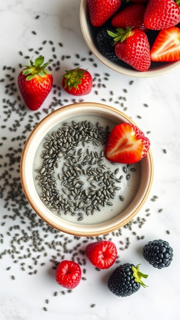 A bowl of chia pudding topped with fresh strawberries, raspberries, and blackberries, surrounded by scattered chia seeds.