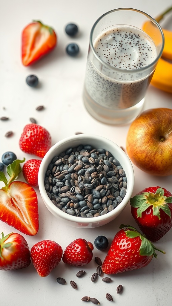 A variety of chia seeds surrounded by fresh fruits and a glass of chia seed drink.