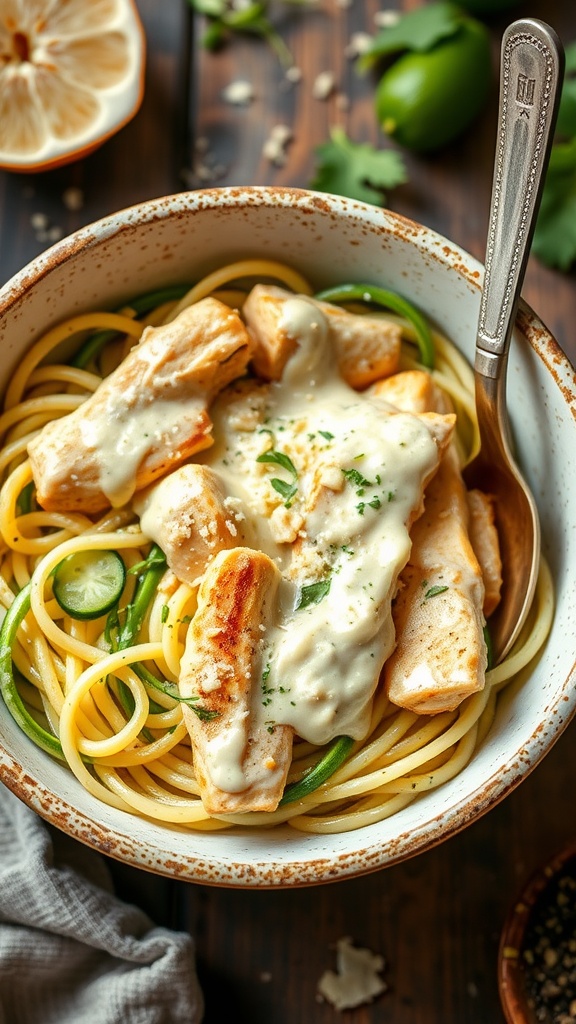 A plate of Chicken Alfredo with zucchini noodles, topped with pieces of chicken and a slice of red pepper.