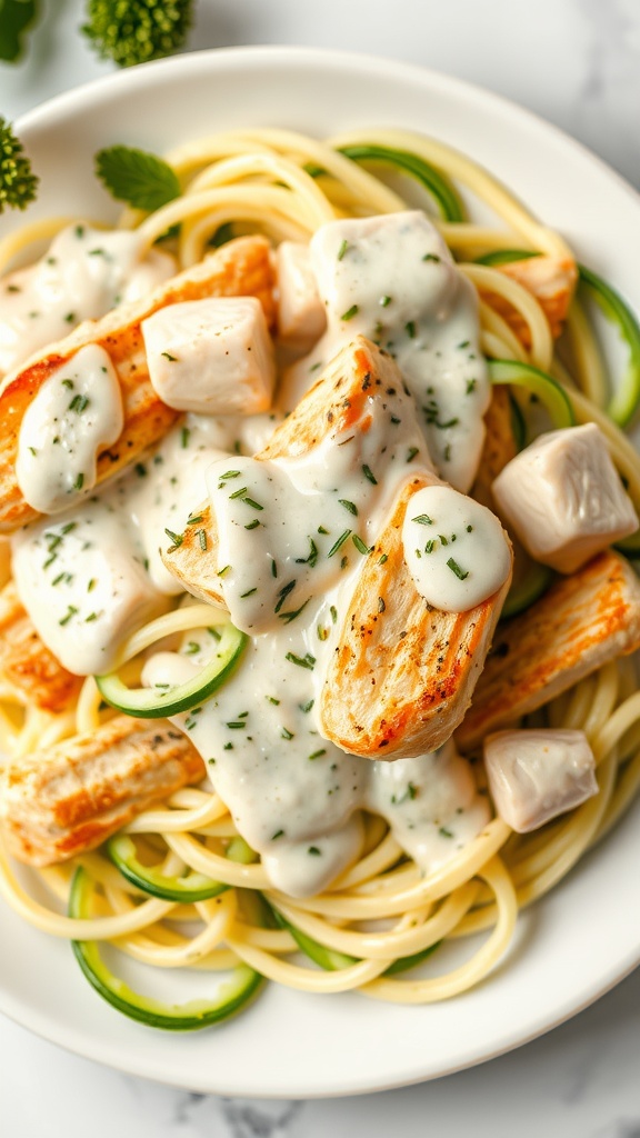 Plate of Chicken Alfredo with Zucchini Noodles topped with creamy sauce and grilled chicken