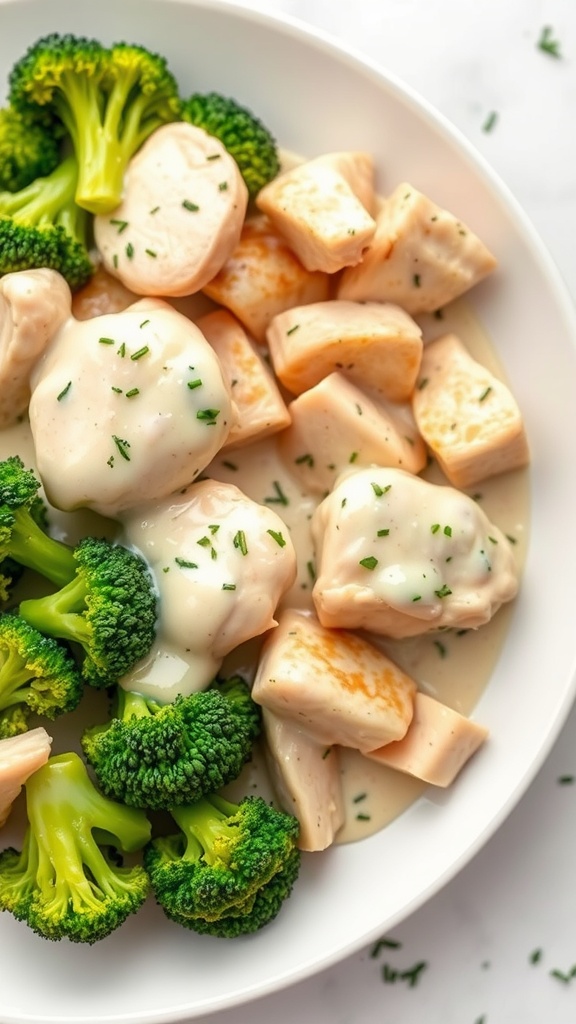 A plate of chicken and broccoli alfredo with creamy sauce and broccoli florets.