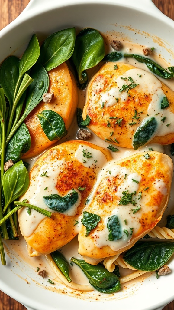 A dish of Chicken and Spinach Alfredo Bake, featuring chicken breasts topped with alfredo sauce and fresh spinach.