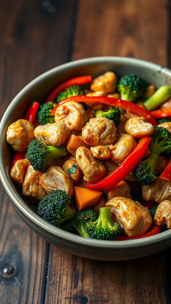 A bowl of chicken and vegetable stir-fry featuring broccoli, red peppers, and tender chicken pieces.