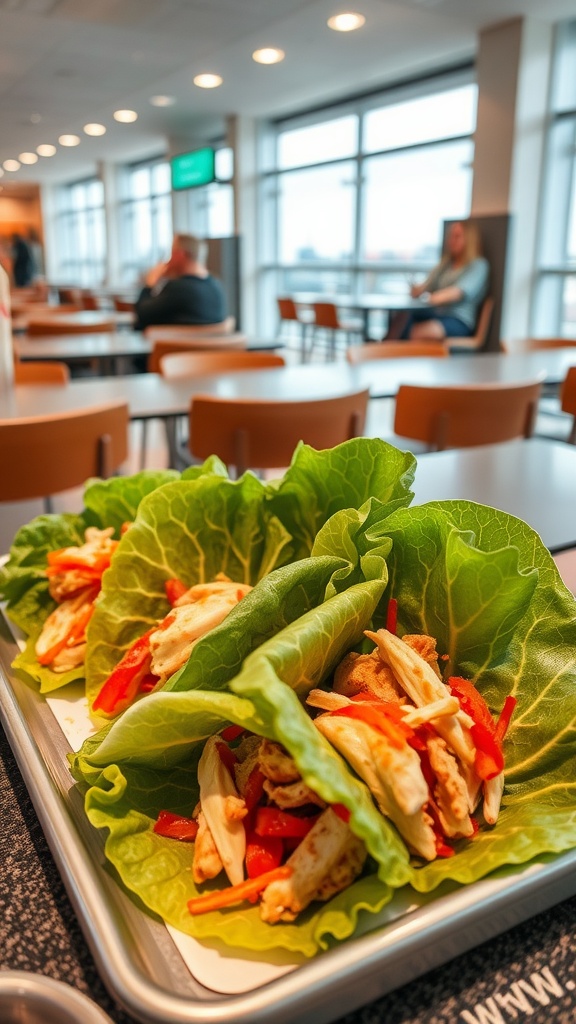 Three Chicken Caesar Lettuce Wraps on a tray, with a blurred airport setting in the background.