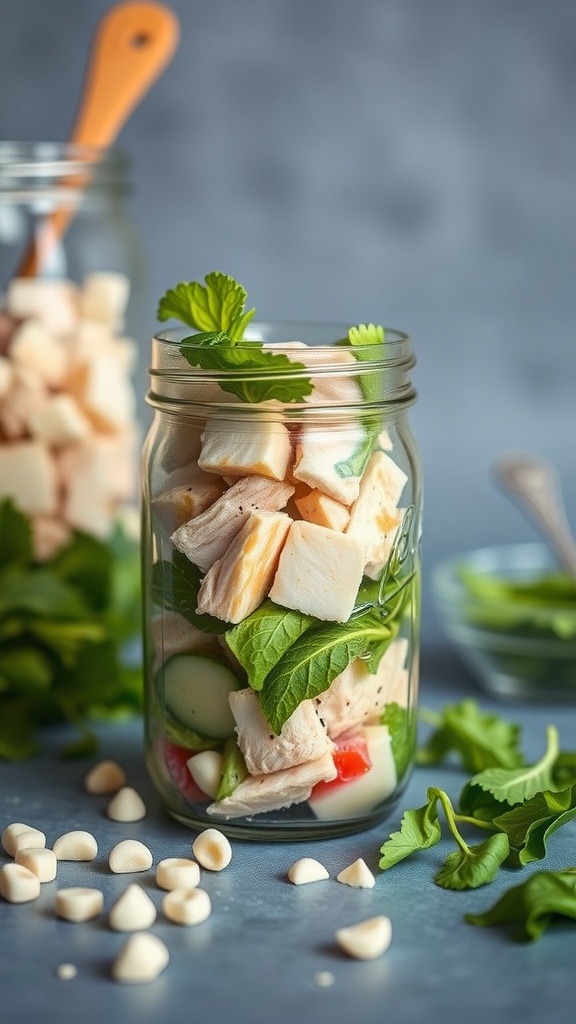 A jar filled with Chicken Caesar Salad ingredients like lettuce, chicken, and herbs.