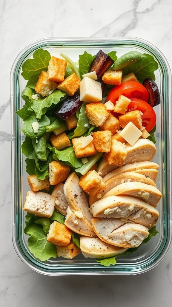 A container with sliced chicken, croutons, cherry tomatoes, and greens for a Chicken Caesar Salad.