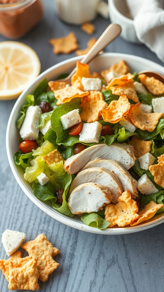 A bowl of Chicken Caesar Salad topped with Parmesan crisps and a side of star-shaped snacks.