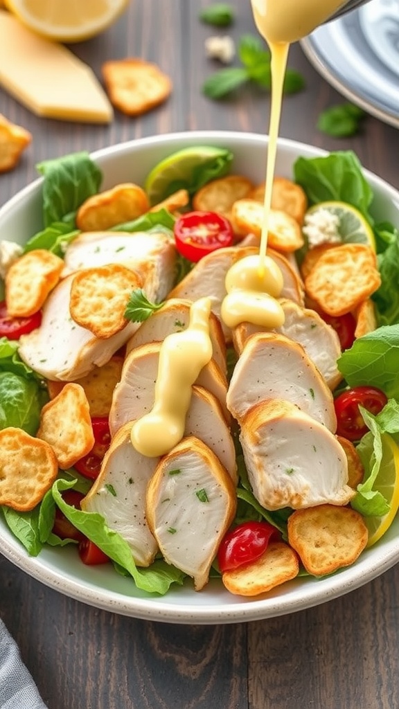 A delicious Chicken Caesar Salad with Parmesan crisps, garnished with lettuce and chicken pieces