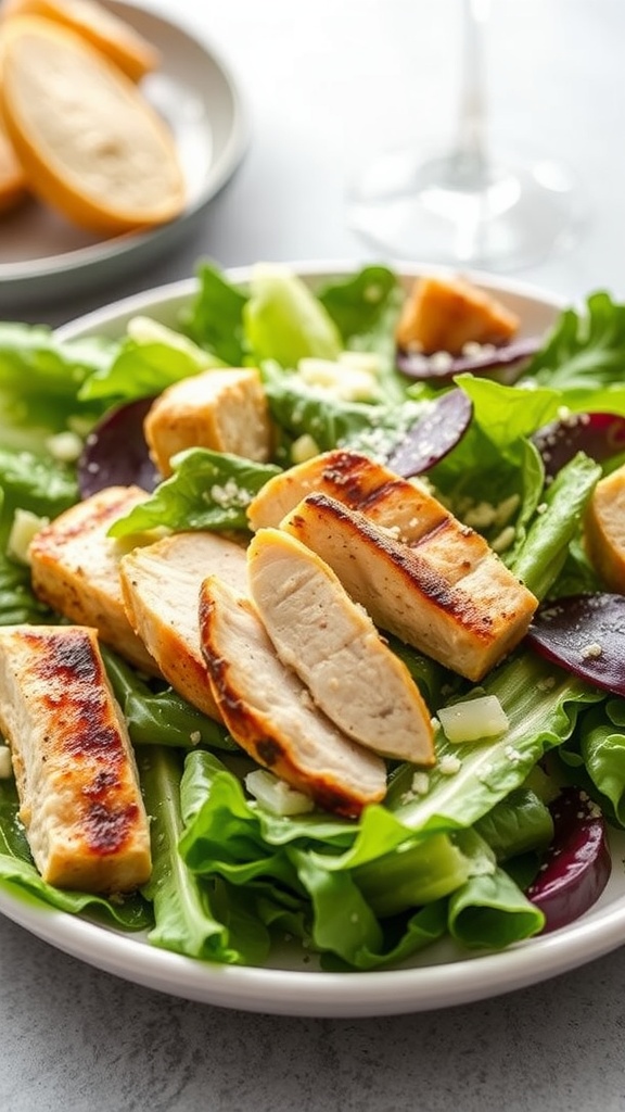 A bowl of Chicken Caesar Salad featuring grilled chicken, lettuce, and cheese, without croutons.