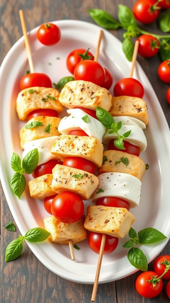 Chicken Caprese skewers with tomatoes and basil on a plate