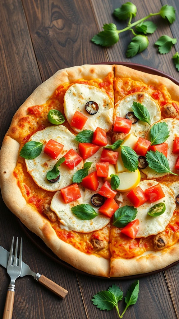 A delicious chicken crust pizza topped with tomatoes, olives, and fresh herbs.