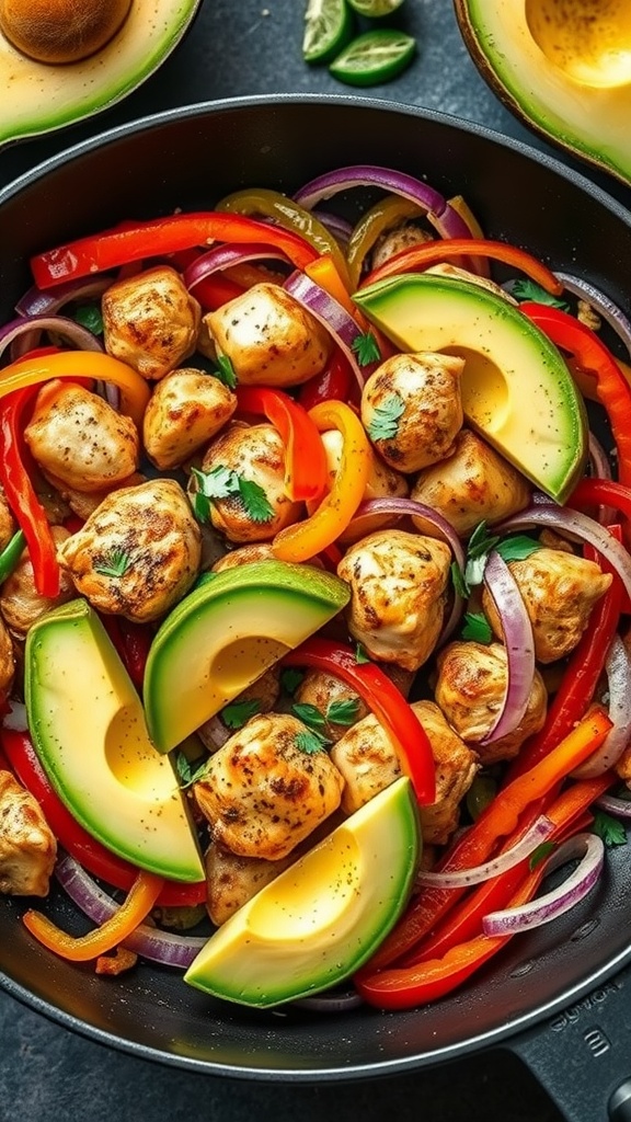 A Chicken Fajita Skillet with chicken pieces, mixed bell peppers, and avocado slices.