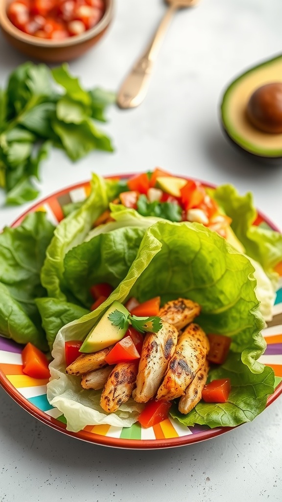 A colorful plate with chicken lettuce wraps, filled with grilled chicken, tomatoes, and a slice of avocado.