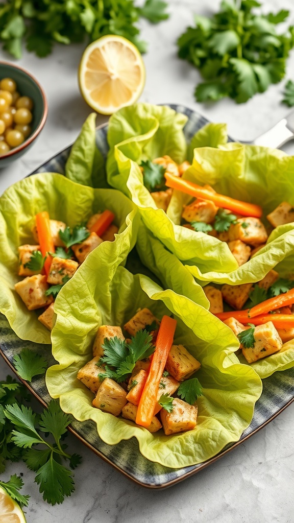 Plate of chicken lettuce wraps filled with diced chicken, bell peppers, and cilantro.