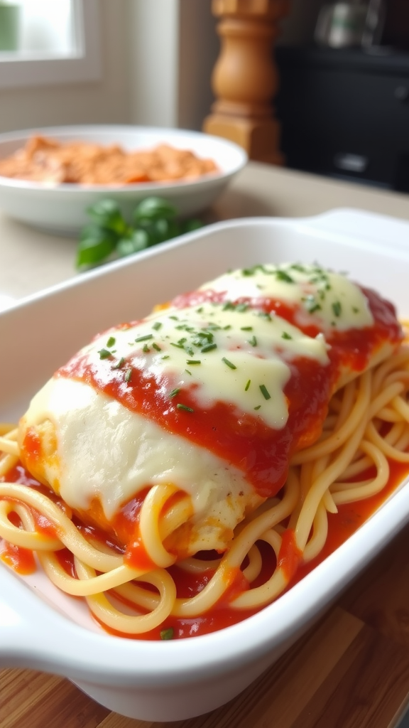 A delicious Chicken Parmesan Casserole served in a white dish, featuring chicken topped with marinara sauce and melted cheese.