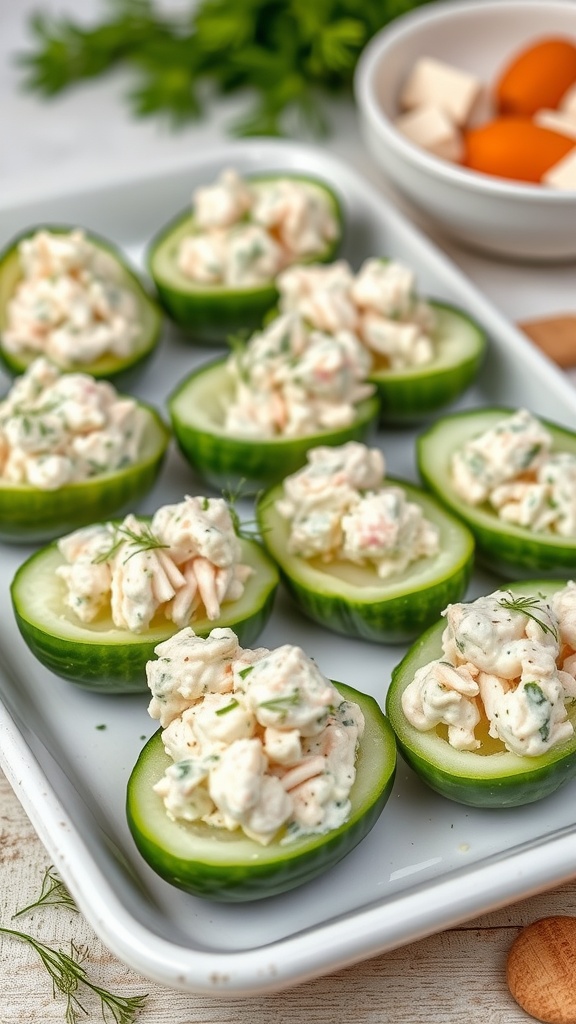 Platter of cucumber halves filled with chicken salad, garnished with herbs.