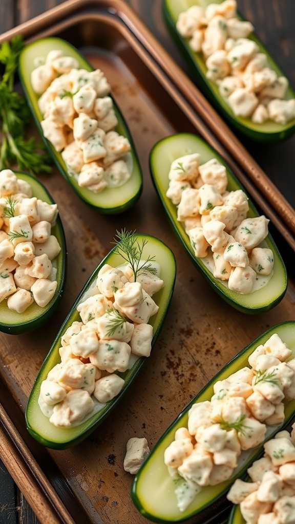 Cucumber halves filled with chicken salad on a baking tray