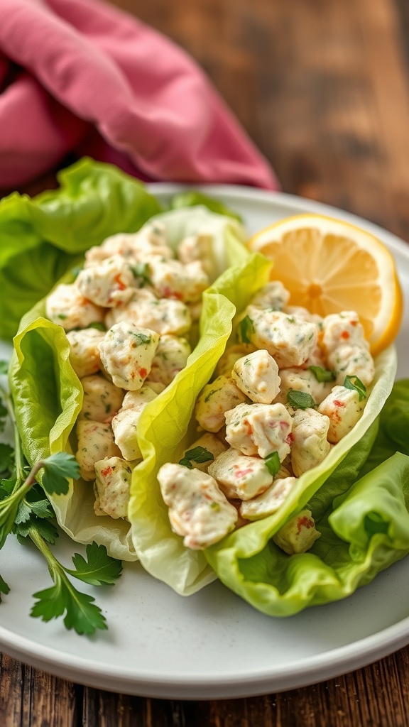 A plate of chicken salad served in lettuce wraps with a lemon slice.