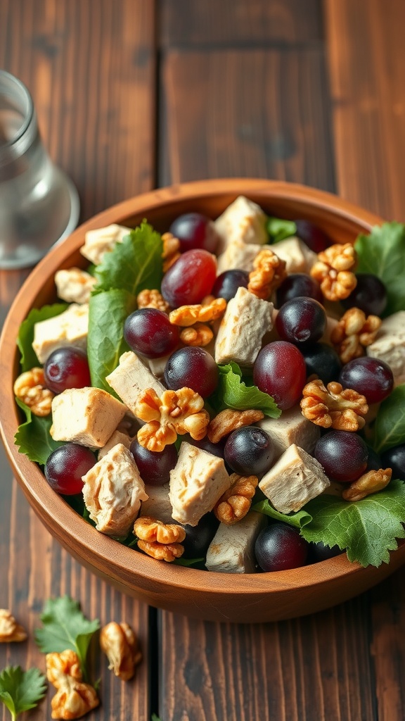 A bowl of chicken salad with grapes and walnuts on a wooden table.