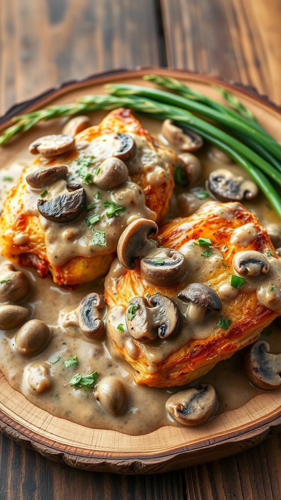 Plate of chicken thighs with creamy mushroom sauce topped with mushrooms and green onions.