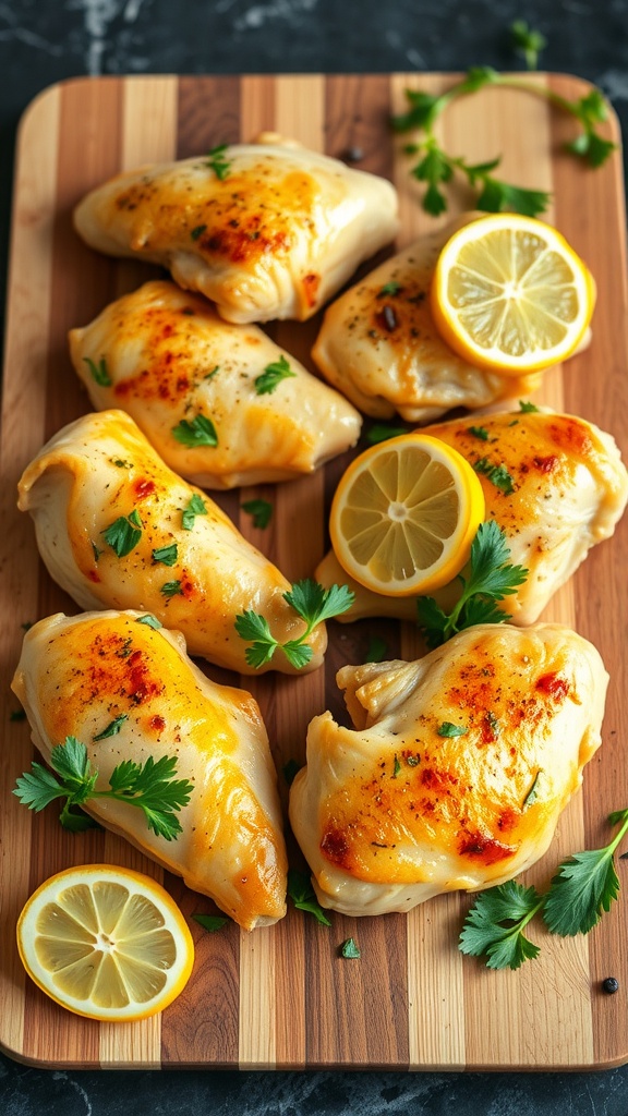 Cooked chicken thighs garnished with lemon slices and herbs on a wooden cutting board.