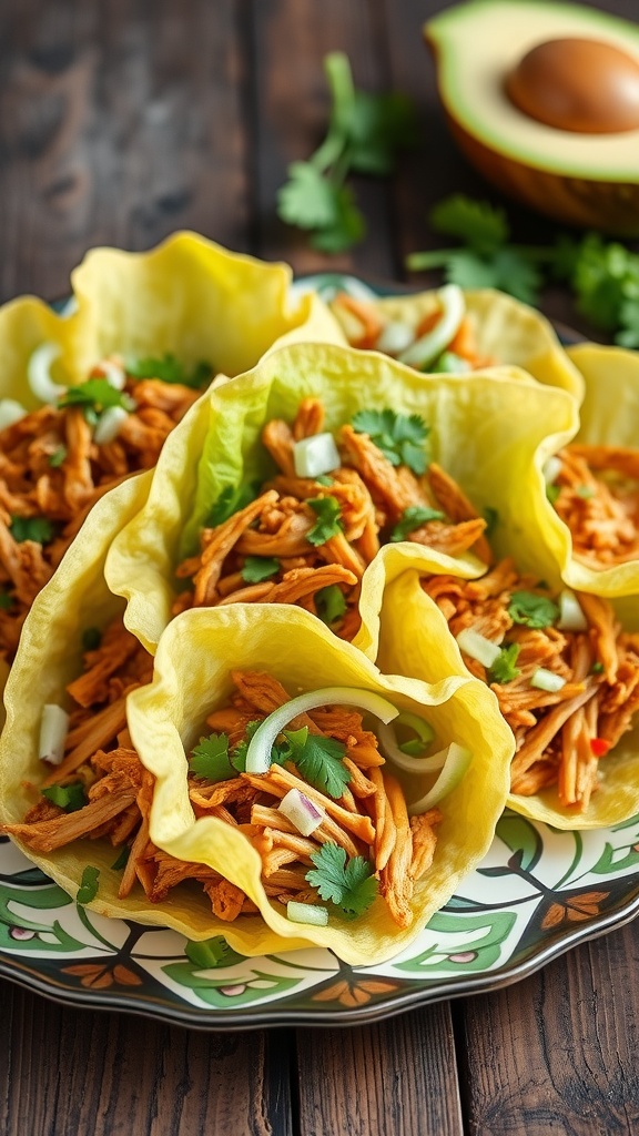 Plate of Chicken Tinga Tacos served in lettuce wraps with toppings