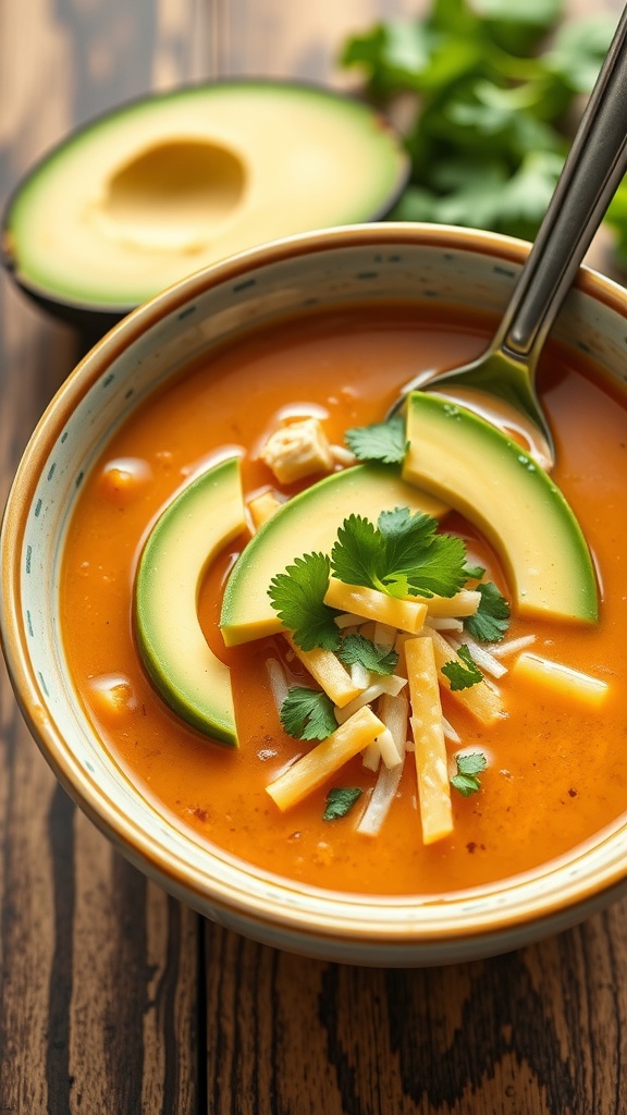 A bowl of Chicken Tortilla Soup garnished with avocado, cheese, and cilantro.