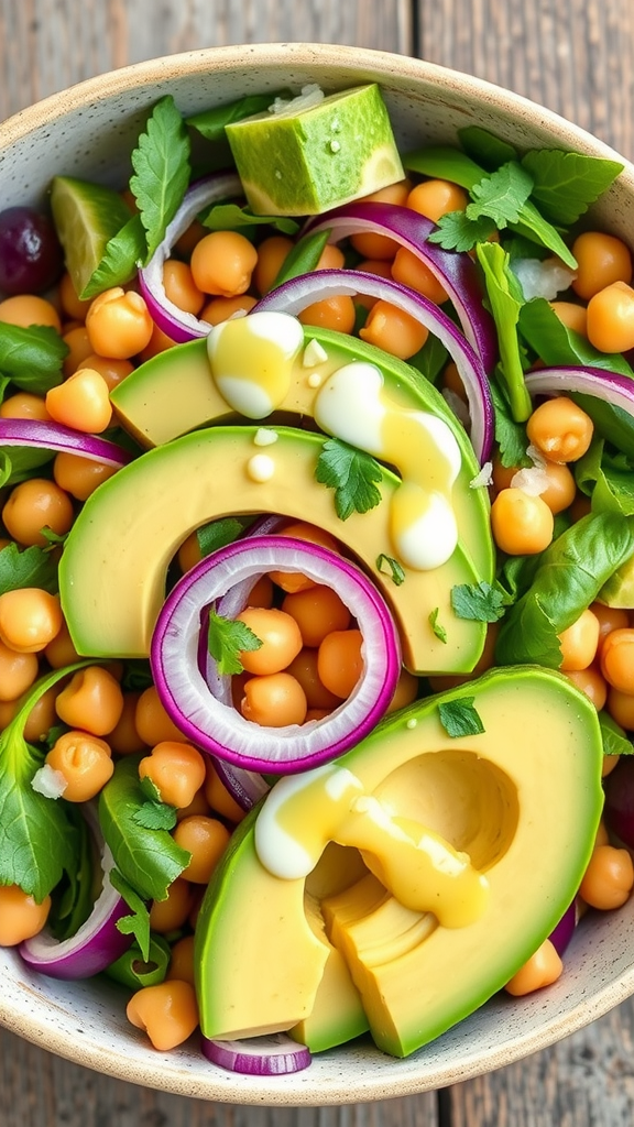 A colorful chickpea and avocado salad with fresh ingredients.