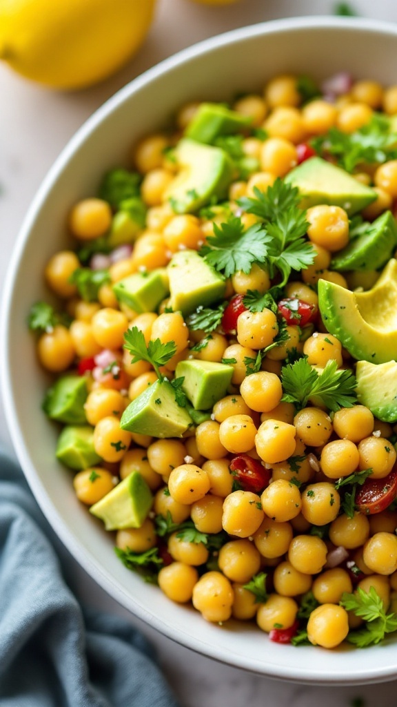 Bowl of chickpea and avocado salad with lemon and herbs