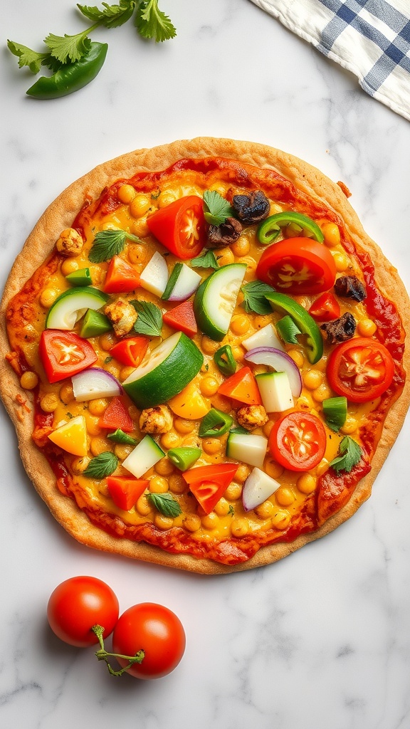 Chickpea flour pizza topped with colorful vegetables on a marble surface