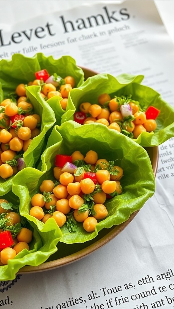 A plate of chickpea salad served in lettuce cups, garnished with colorful vegetables.