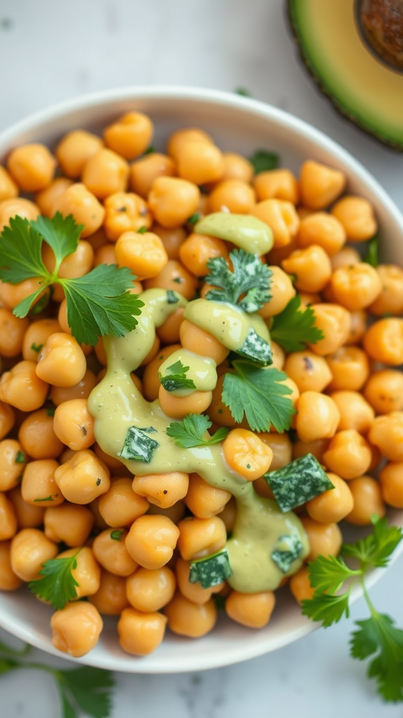 Chickpea salad topped with avocado dressing and cilantro