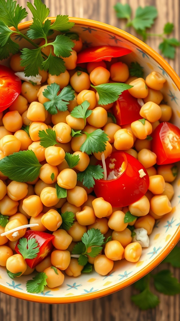 Chickpea salad with bell peppers and cilantro in a colorful bowl.