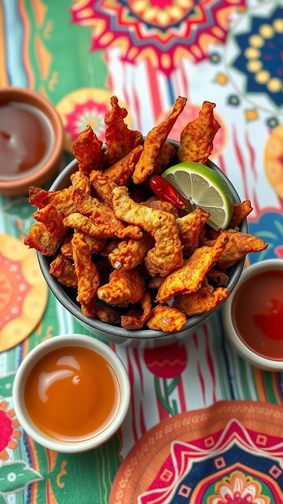 A bowl of crispy pork rinds with lime and chili on a colorful table.