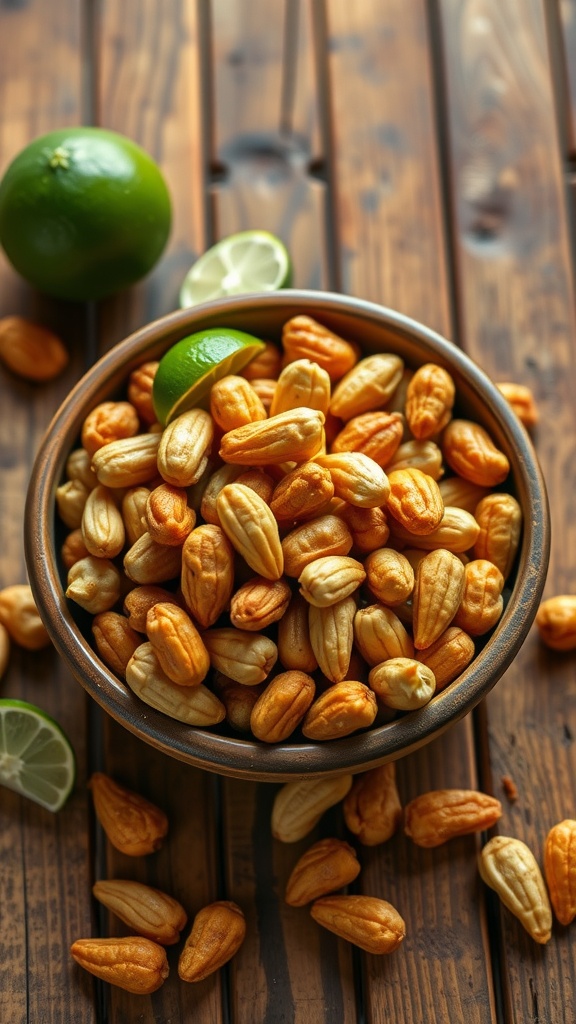 A bowl of chili-lime spiced nuts surrounded by lime slices on a wooden table.