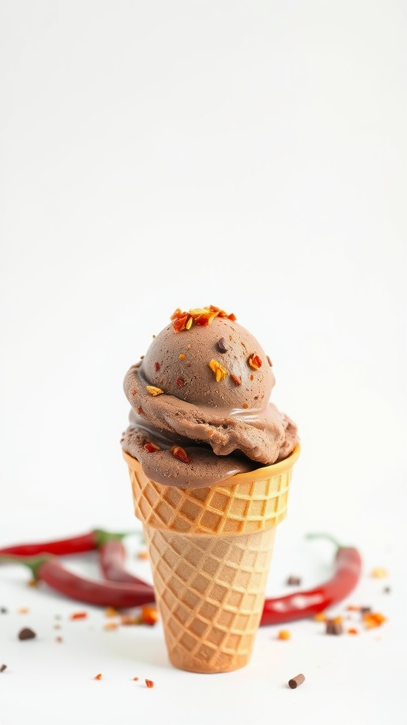 A scoop of chili chocolate ice cream in a waffle cone, topped with colorful chili flakes, with red chili peppers scattered around.