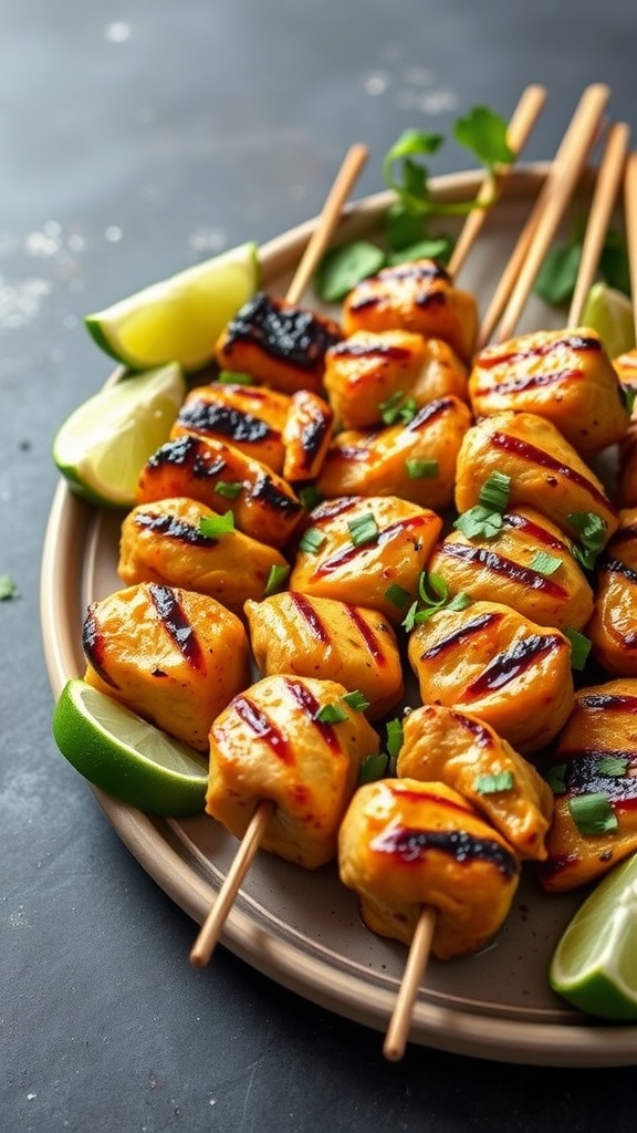 Plate of grilled chili lime chicken skewers with lime wedges and green herbs.