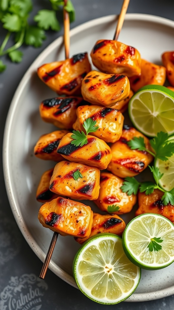 A plate of grilled chili lime chicken skewers garnished with lime slices and fresh cilantro.