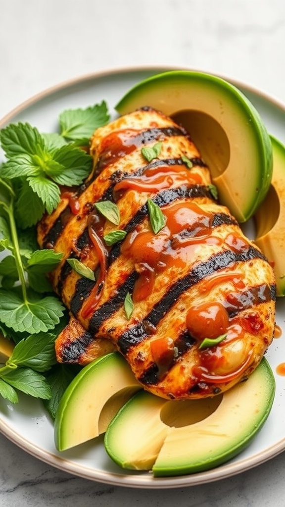 Grilled chicken with chili lime sauce served with avocado slices and fresh herbs